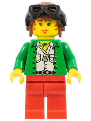 Minifig   adv018 Pippin Reed / Miss Gail Storm - Green Open Shirt, Red Legs, Brown Aviator Cap, Black Goggles