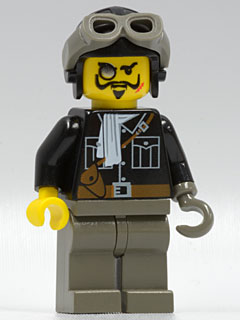 Minifig  Lego Adventurers adv036 Lord Sam Sinister / Baron von Barron - Black Shirt, Dark Gray Legs, Black Aviator Cap, Dark Gray Goggles