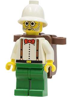 Minifig   adv040 Dr. Kilroy / Dr. Charles Lightning - White Shirt and Suspenders, Green Legs, White Pith Helmet, Brown Backpack