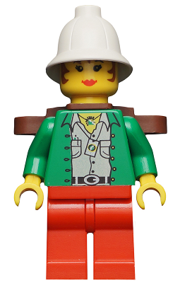 Minifig   adv044 Pippin Reed / Miss Gail Storm - Green Open Shirt, Red Legs, White Pith Helmet, Brown Backpack
