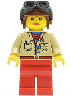 Minifig  Lego Adventurers adv049 Pippin Reed / Miss Gail Storm - Tan Shirt, Red Legs, Brown Aviator Cap, Black Goggles