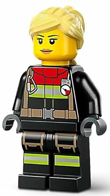 Lego City cty1731 Fire - Female, Black Jacket and Legs with Reflective Stripes and Red Collar, Bright Light Yellow Hair Ponytail and Swept Sideways 