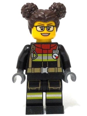  cty1732 Fire - Female, Black Jacket and Legs with Reflective Stripes and Red Collar, Dark Brown Hair with Buns, Glasses