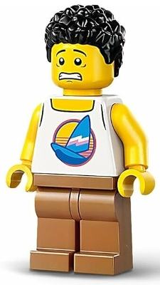 Lego City cty1735 Barbequer - Male, White Tank Top with Dark Azure Sailboat, Medium Nougat Legs, Black Short Coiled Hair