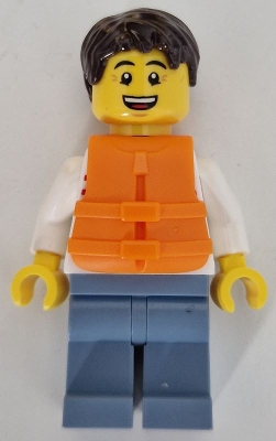 Lego City cty1741 Sailboat Driver - Male, White Sweater with Red Horizontal Stripes, Sand Blue Legs, Dark Brown Short Tousled Hair, Orange Life Jack