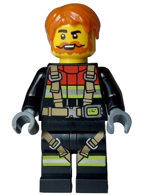 Lego City cty1746 Fire - Male, Black Jacket and Legs with Reflective Stripes, Harness and Red Collar, Dark Orange Hair, Beard and Moustache