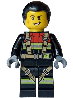 Lego City cty1747 Fire - Male, Black Jacket and Legs with Reflective Stripes, Harness and Red Collar, Black Hair Ponytail