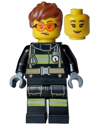 Lego City cty1748 Fire - Female, Black Jacket and Legs with Reflective Stripes, Reddish Brown Messy Hair, Safety Glasses