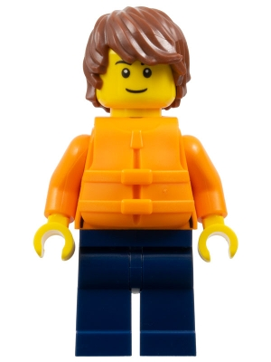 Lego City cty1791 Man - Reddish Brown Hair, Orange Jacket and Life Jacket, Dark Blue Legs