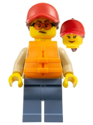 Lego City cty1793 Woman - Red Ball Cap with Reddish Brown Ponytail, Orange Life Jacket, Sand Blue Legs