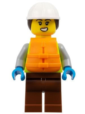 Lego City cty1795 Dock Worker - Female, Neon Yellow Safety Vest with Reflective Stripes, Reddish Brown Legs, White Construction Helmet with Dark Bro