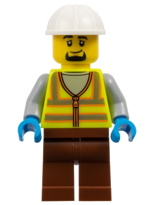 Lego City cty1796 Dock Worker - Male, Neon Yellow Safety Vest with Reflective Stripes, Reddish Brown Legs, White Construction Helmet, Goatee
