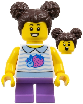 Lego City cty1797 Child - Girl, White Collared Shirt with Fruit, Medium Lavender Short Legs, Dark Brown Hair with Buns