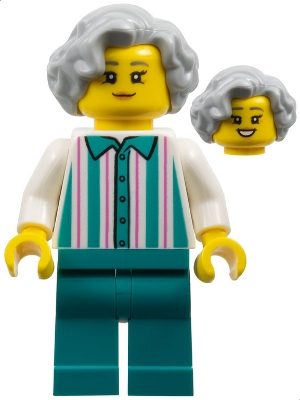 Lego City cty1798 Harbor Shop Worker - Female, Light Bluish Gray Hair, White Shirt with Stripes, Dark Turquoise Legs