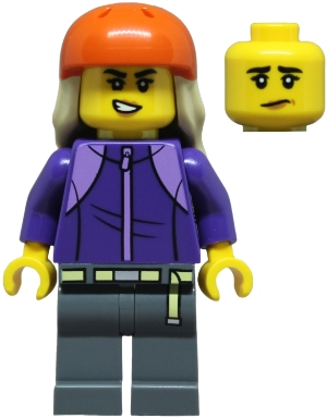 cty1878 Skateboarder - Female, Dark Purple Tracksuit, Dark Bluish Gray Legs, Reddish Orange Sports Helmet, Tan Long Hair