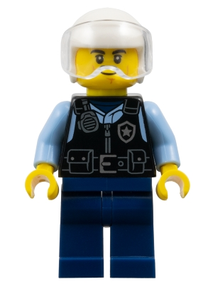 cty1886 Police - City Officer Male, Black Safety Vest with Silver Star Badge Logo, Dark Blue Legs, White Helmet, Trans-Clear Visor, Lopsid