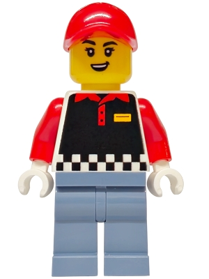Minifig  Lego City cty1939  Fries Food Truck Vendor - Female, Black Vest, Sand Blue Legs, Red Cap