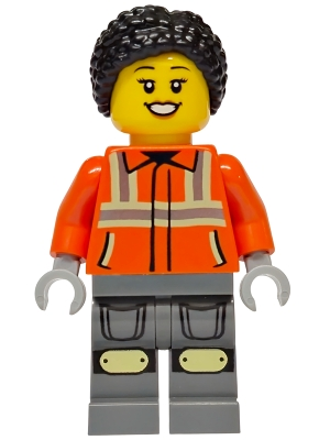 Minifig  Lego City cty1940  Construction Worker - Female, Reddish Orange Safety Jacket with Reflective Stripes, Dark Bluish Gray Legs with Knee Pads, Black H