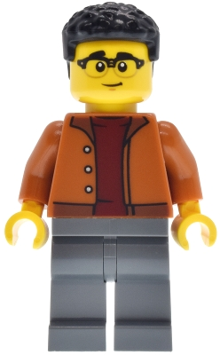 Minifig  Lego City cty1945  EV Supercar Driver - Male, Dark Orange Jacket, Dark Bluish Gray Legs, Black Coiled Hair