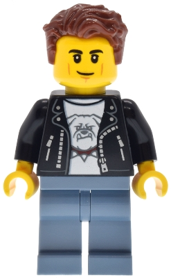 Minifig Lego City cty1946 Hot Rod Driver - Male, Black Leather Jacket, Sand Blue Legs, Reddish Brown Hair
