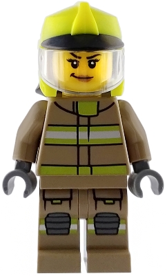 Minifig  Lego City cty1947  Fire - Female, Dark Tan Jacket and Legs with Reflective Stripes, Neon Yellow Fire Helmet, Trans-Clear Visor, Nougat Lips Smirk