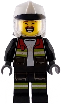 Minifig Lego City cty1948 Fire - Male, Black Open Jacket and Legs with Reflective Stripes and Red Collar, White Fire Helmet, Trans-Clear Visor, Reddish Bro