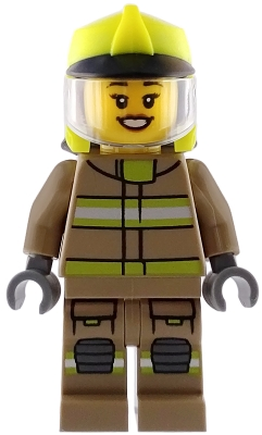 Minifig  Lego City cty1949  Fire - Female, Dark Tan Jacket and Legs with Reflective Stripes, Neon Yellow Fire Helmet, Trans-Clear Visor, Open Mouth Smile