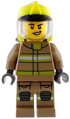 Minifig  Lego City cty1950  Fire - Male, Dark Tan Jacket and Legs with Reflective Stripes, Neon Yellow Fire Helmet, Trans-Clear Visor, Scuff Mark