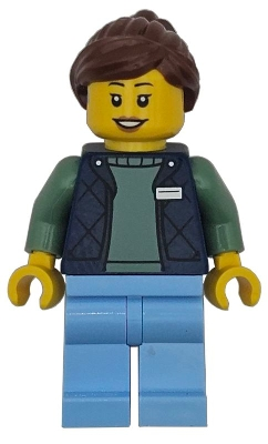 Minifig  Lego City cty1952  Delivery Worker - Female, Dark Blue Bodywarmer over Sand Green Sweater, Bright Light Blue Legs, Reddish Brown Hair, Hearing Aid