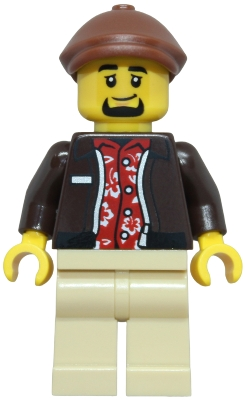 Minifig  Lego City cty1953  Taxi Driver - Male, Dark Brown Jacket over Red Hawaiian Shirt, Tan Legs, Reddish Brown Flat Cap