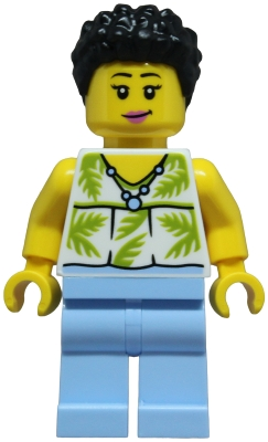 Minifig  Lego City cty1954  Tourist - Female, White Sleeveless Top with Lime Palm Leaves, Bright Light Blue Legs, Black Hair