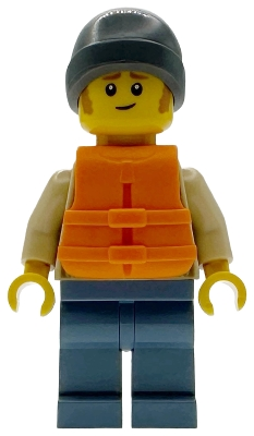 Minifig  Lego City cty1955  Man - Tan Knit Cable Sweater, Orange Life Jacket, Sand Blue Legs, Dark Bluish Gray Beanie