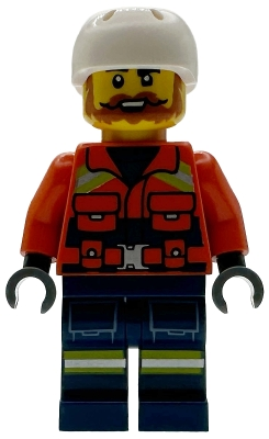 Minifig Lego City cty1956 Coast Guard City - Male, Reddish Orange Jacket with Pockets and Reflective Stripes, Dark Blue Legs with Pockets and Reflective St