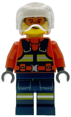 Minifig  Lego City cty1957  Coast Guard City Helicopter Pilot - Female, Reddish Orange Jacket with Dark Blue Safety Vest, Dark Blue Legs with Pockets and Ref