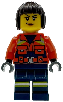 Minifig Lego City cty1958 Coast Guard City - Female, Reddish Orange Jacket with Pockets and Reflective Stripes, Dark Blue Legs with Pockets and Reflective