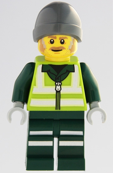 Minifig  Lego City cty1964  Recycling Worker - Male, Lime Safety Jacket with Reflective Stripes, Dark Green Legs with Reflective Stripes, Dark Bluish Gray Be