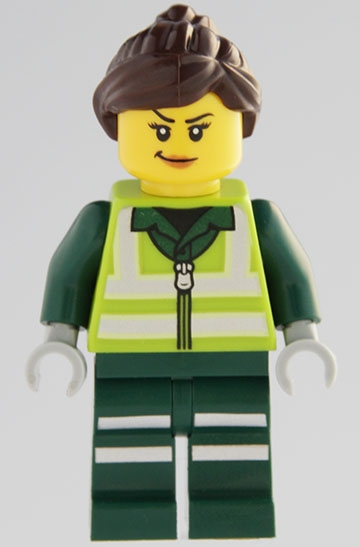 Minifig  Lego City cty1965  Recycling Worker - Female, Lime Safety Jacket with Reflective Stripes, Dark Green Legs with Reflective Stripes, Dark Brown Ponyta