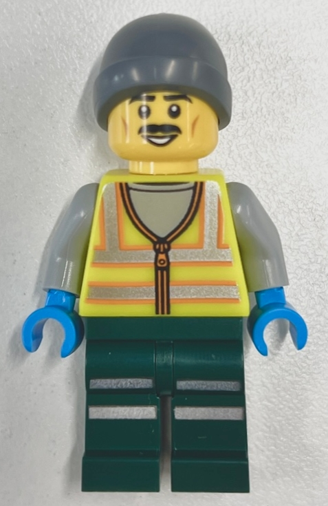 Minifig  Lego City cty1966  Snowplow Driver - Male, Neon Yellow Safety Vest with Reflective Stripes, Dark Green Legs with Reflective Stripes, Gray Beanie