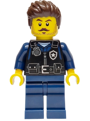 Minifig Lego City cty1968 Police - City Officer Male, Black Safety Vest with Silver Star Badge Logo, Dark Blue Legs, Dark Brown Wavy Hair