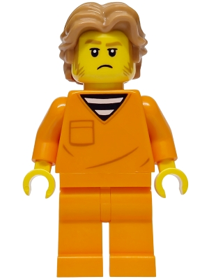 Minifig Lego City cty1970 Police - City Jail Prisoner Male, Orange Prison Jumpsuit, Medium Nougat Wavy Hair, Sideburns, Orange Glasses