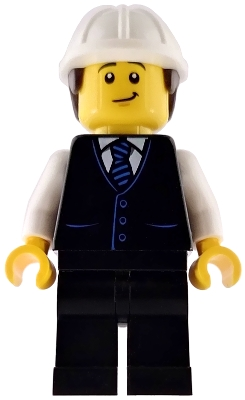 Minifig  Lego City cty1971  Construction Engineer / Architect - Male, Black Vest with Blue Striped Tie, Black Legs, White Construction Helmet with Dark Brown