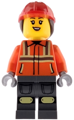 Minifig  Lego City cty1972  Construction Worker - Female, Reddish Orange Safety Jacket with Reflective Stripes, Dark Bluish Gray Legs, Red Construction Helme