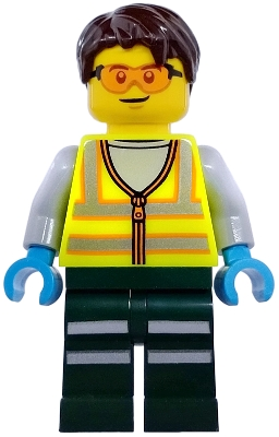 Minifig  Lego City cty1973  Service Truck Driver - Male, Neon Yellow Safety Vest with Reflective Stripes, Dark Green Legs with Reflective Stripes, Dark Brown