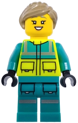Minifig  Lego City cty1975  Paramedic - Female, Dark Turquoise and Neon Yellow Safety Vest, Legs with Silver Reflective Stripes, Dark Tan Hair