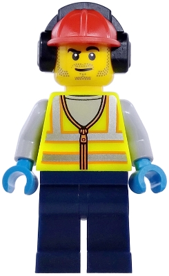 Minifig Lego City cty1976 Airport Worker - Male, Neon Yellow Safety Vest with Reflective Stripes, Dark Blue Legs, Red Construction Helmet with Black Ear Pr