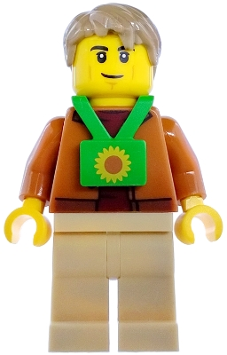 Minifig  Lego City cty1978  Plane Passenger - Male, Dark Orange Jacket, Tan Legs, Bright Green Sunflower Lanyard, Dark Tan Hair