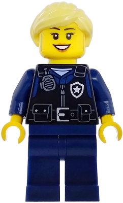 Minifig Lego City cty1979 Airport Security Guard - Female, Black Safety Vest with Silver Star Bad Logo, Dark Blue Legs, Bright Light Yellow Hair Ponytail