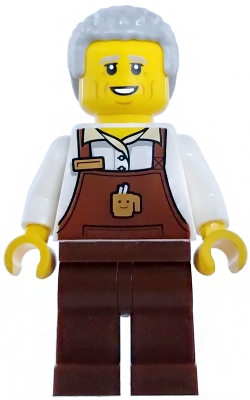 Minifig Lego City cty1981 Barista - Male, Reddish Brown Apron with Cup and Name Tag, Reddish Brown Legs, Light Bluish Gray Hair Coiled