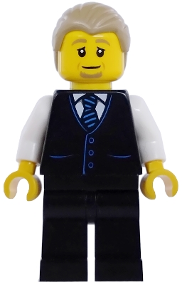 Minifig Lego City cty1982 Air Traffic Controller - Male, Black Vest with Blue Striped Tie, Black Legs, Dark Tan Hair Combed