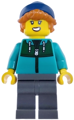 Minifig Lego City cty1983 Plane Passenger - Female, Dark Turquoise Jacket with Dark Green Panel, Dark Bluish Gray Legs, Dark Blue Beanie